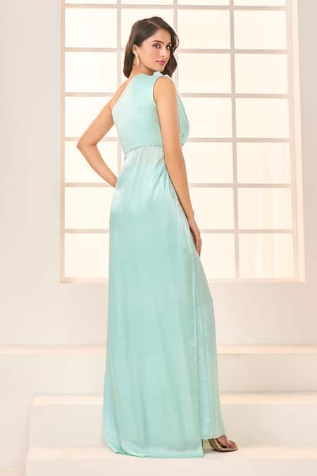 Shop_Masumi Mewawalla X AZA_Green Net, Gingham Sequins, Ruffles One Shoulder Draped Kurta And Pant Set 