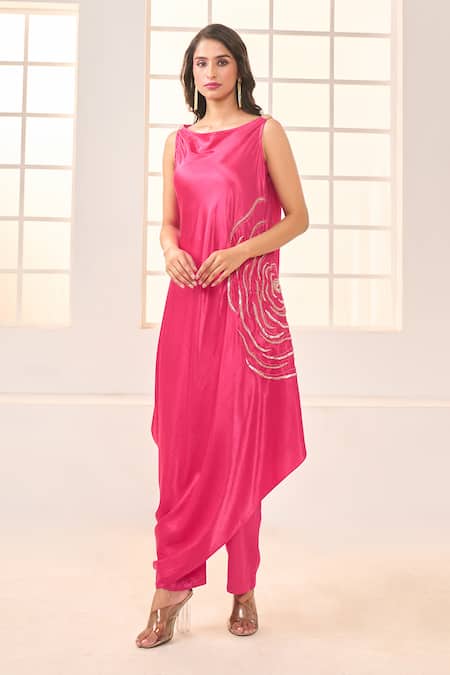 Shop_Masumi Mewawalla X AZA_Pink Maheshwari Beads, Sequins Cowl Neck Rose Embroidered Kurta And Pant Set _Online_at_Aza_Fashions
