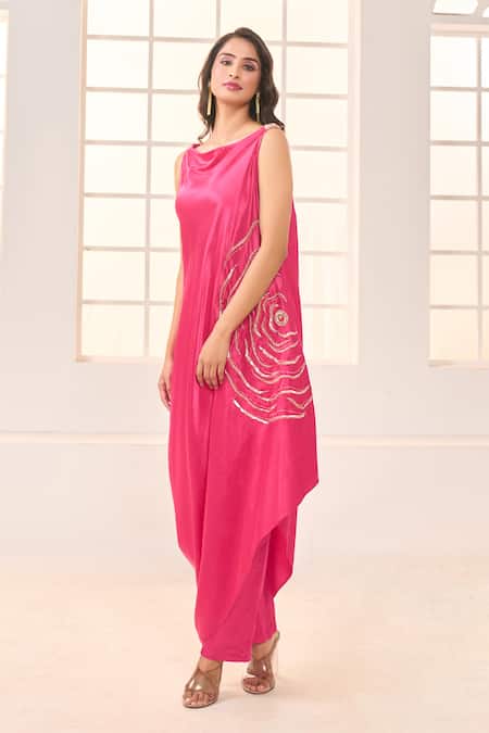 Masumi Mewawalla X AZA_Pink Maheshwari Beads, Sequins Cowl Neck Rose Embroidered Kurta And Pant Set _at_Aza_Fashions