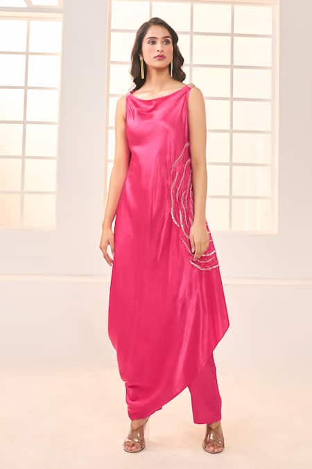 Buy_Masumi Mewawalla X AZA_Pink Maheshwari Beads, Sequins Cowl Neck Rose Embroidered Kurta And Pant Set 