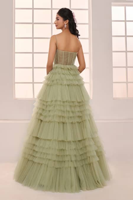 Masumi Mewawalla X AZA Hand Embroidered Yoke Ruffle Gown 