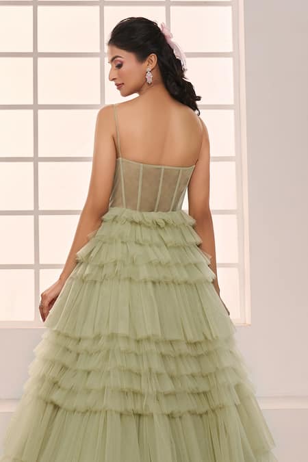 Shop_Masumi Mewawalla X AZA_Green Net, Shantoon Sequins, Beads Sweetheart Hand Embroidered Yoke Ruffle Gown _Online_at_Aza_Fashions