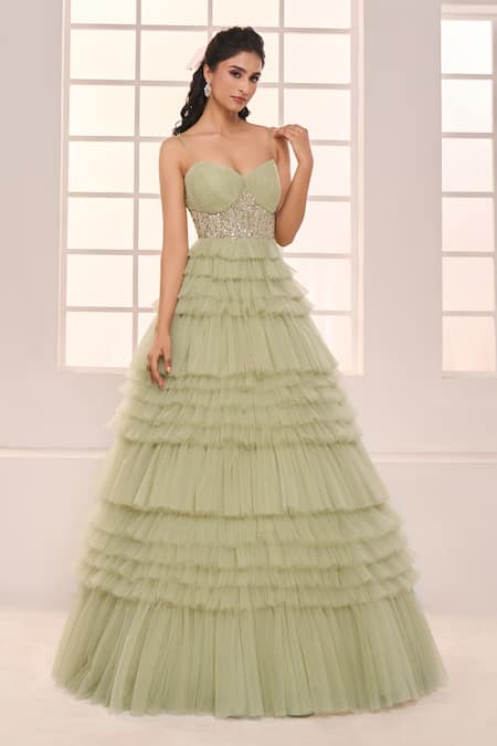 Masumi Mewawalla X AZA_Green Net, Shantoon Sequins, Beads Sweetheart Hand Embroidered Yoke Ruffle Gown _at_Aza_Fashions