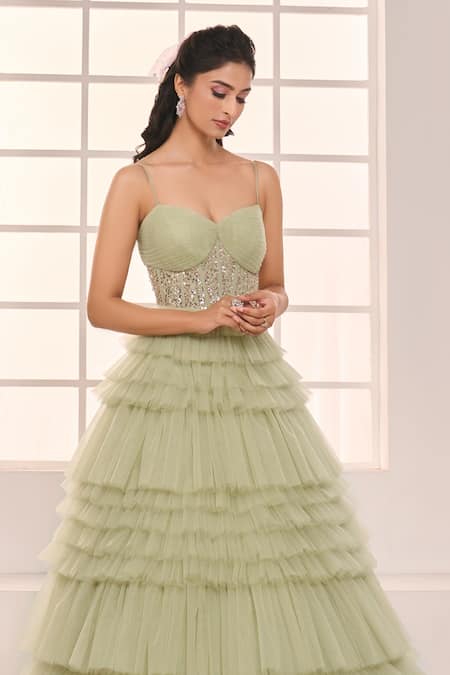 Buy_Masumi Mewawalla X AZA_Green Net, Shantoon Sequins, Beads Sweetheart Hand Embroidered Yoke Ruffle Gown 