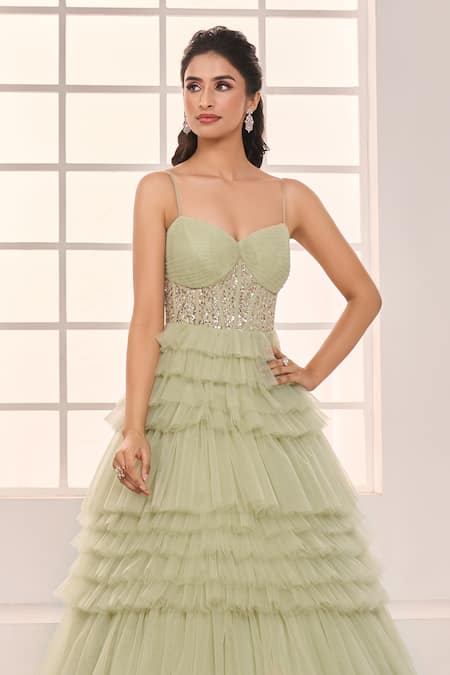 Shop_Masumi Mewawalla X AZA_Green Net, Shantoon Sequins, Beads Sweetheart Hand Embroidered Yoke Ruffle Gown 