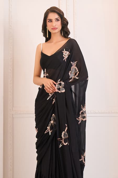 Buy Masumi Mewawalla X AZA Black Net, Crepe, Silk, Satin Beads, Embroidered Pre-stitched Saree With Blouse Buy_Masumi Mewawalla X AZA_Black Net, Crepe, Silk, Satin Beads, Embroidered Pre-stitched Saree With Blouse