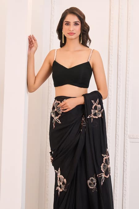 Shop Masumi Mewawalla X AZA Black Net, Crepe, Silk, Satin Beads, Embroidered Pre-stitched Saree With Blouse Shop_Masumi Mewawalla X AZA_Black Net, Crepe, Silk, Satin Beads, Embroidered Pre-stitched Saree With Blouse