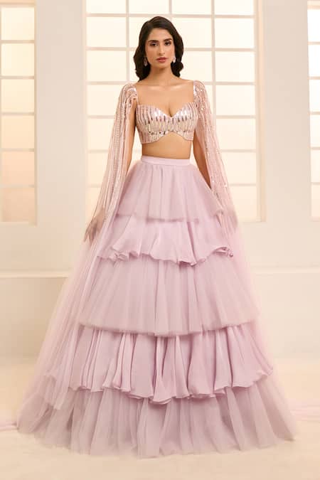 Shop_Masumi Mewawalla X AZA_Purple Satin, Net, Organza Sequins Sweetheart Ruffle Layered Lehenga With Blouse _Online_at_Aza_Fashions