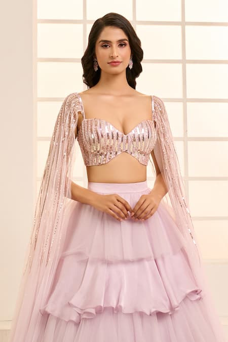 Masumi Mewawalla X AZA_Purple Satin, Net, Organza Sequins Sweetheart Ruffle Layered Lehenga With Blouse _at_Aza_Fashions