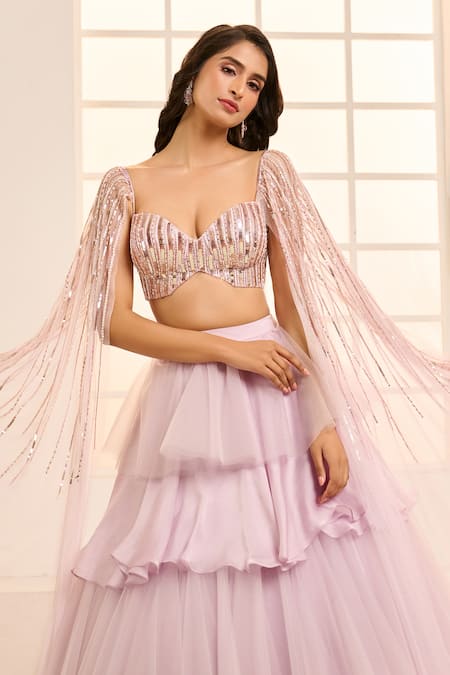Shop_Masumi Mewawalla X AZA_Purple Satin, Net, Organza Sequins Sweetheart Ruffle Layered Lehenga With Blouse 