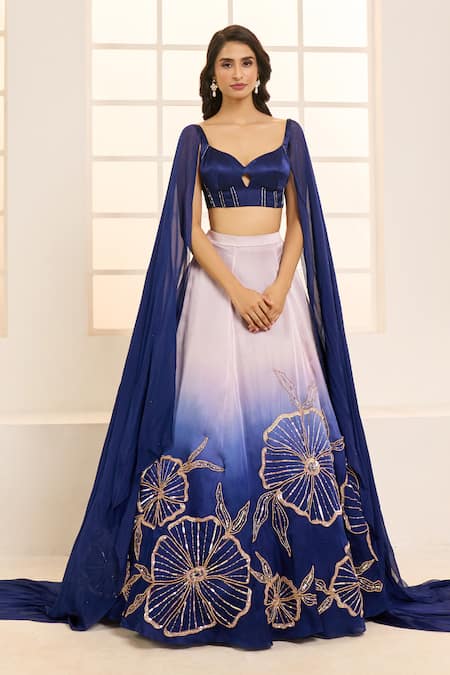 Shop_Masumi Mewawalla X AZA_Blue Satin, Organza, Silk Sequins, Embroidery Ombre Floral Lehenga Set _Online_at_Aza_Fashions