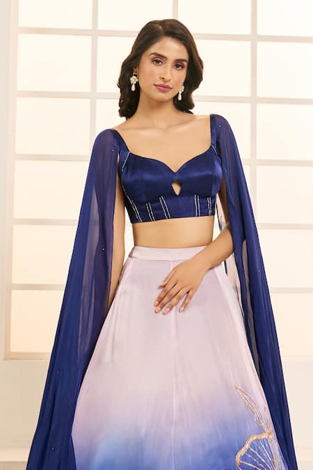 Buy_Masumi Mewawalla X AZA_Blue Satin, Organza, Silk Sequins, Embroidery Ombre Floral Lehenga Set 