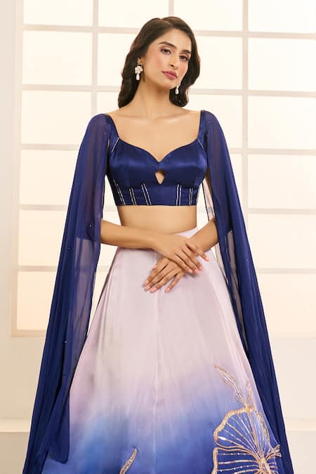 Shop_Masumi Mewawalla X AZA_Blue Satin, Organza, Silk Sequins, Embroidery Ombre Floral Lehenga Set 