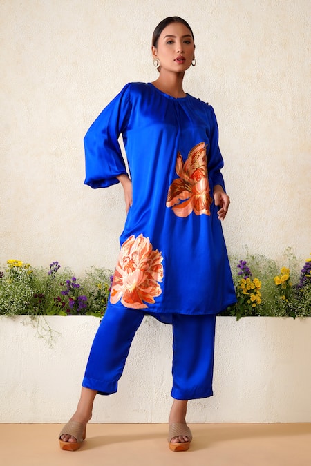 Kyra By Nina + Deepika Blue Modal Satin Hand Painted Floral Pattern Firdaus Top And Pant Set  