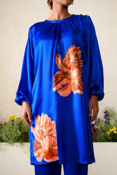 Kyra By Nina + Deepika_Blue Modal, Satin Round Neck Firdaus Hand Painted Top And Pant Set _Online_at_Aza_Fashions