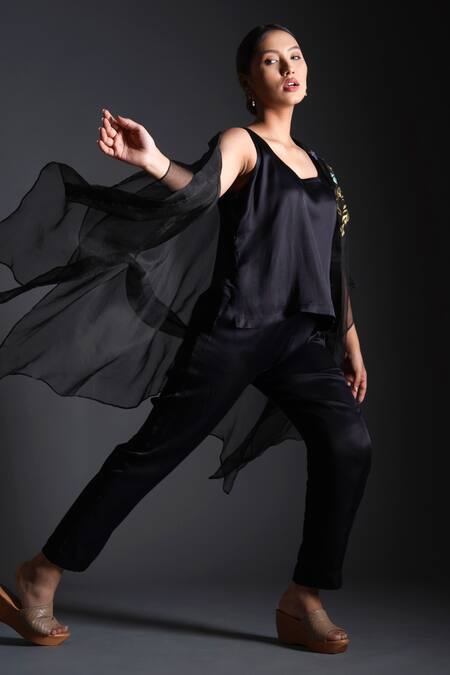 Kyra By Nina + Deepika_Black Modal, Silk Organza Round Neck Hoor Hand Painted Jacket Pant Set _Online_at_Aza_Fashions