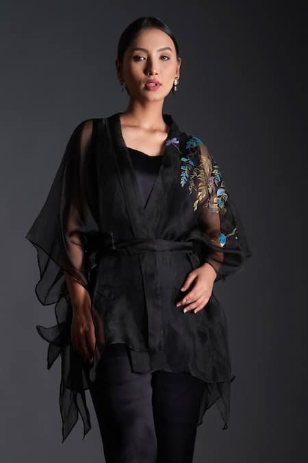 Buy_Kyra By Nina + Deepika_Black Modal, Silk Organza Round Neck Hoor Hand Painted Jacket Pant Set _Online_at_Aza_Fashions
