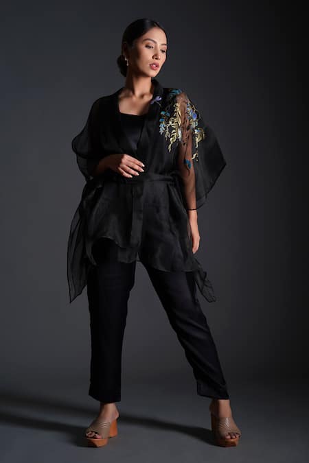 Shop_Kyra By Nina + Deepika_Black Modal, Silk Organza Round Neck Hoor Hand Painted Jacket Pant Set _Online_at_Aza_Fashions