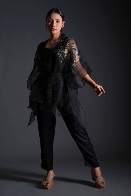 Kyra By Nina + Deepika_Black Modal, Silk Organza Round Neck Hoor Hand Painted Jacket Pant Set _at_Aza_Fashions