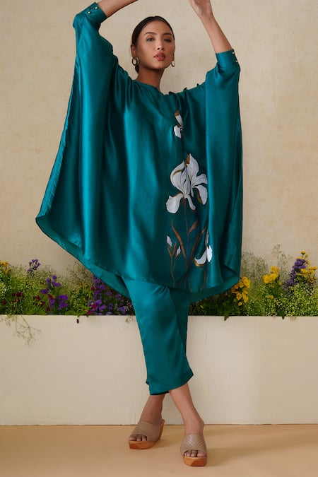 Kyra By Nina + Deepika_Green Modal, Satin Embroidery Round Neck Layla Hand Painted Top And Pant Set _Online_at_Aza_Fashions