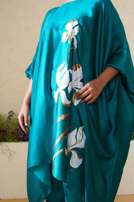 Buy_Kyra By Nina + Deepika_Green Modal, Satin Embroidery Round Neck Layla Hand Painted Top And Pant Set _Online_at_Aza_Fashions