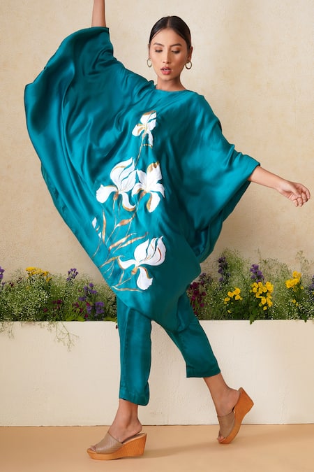 Shop_Kyra By Nina + Deepika_Green Modal, Satin Embroidery Round Neck Layla Hand Painted Top And Pant Set _Online_at_Aza_Fashions
