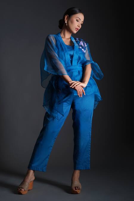 Kyra By Nina + Deepika_Blue Modal, Silk Organza Round Neck Mehr Hand Painted Jacket Pant Set _Online_at_Aza_Fashions
