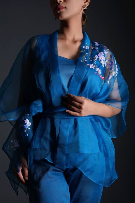 Buy_Kyra By Nina + Deepika_Blue Modal, Silk Organza Round Neck Mehr Hand Painted Jacket Pant Set _Online_at_Aza_Fashions