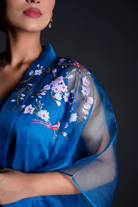 Shop_Kyra By Nina + Deepika_Blue Modal, Silk Organza Round Neck Mehr Hand Painted Jacket Pant Set _Online_at_Aza_Fashions
