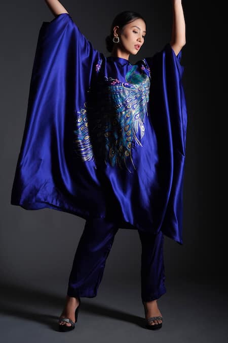 Kyra By Nina + Deepika_Blue Satin High Neck Hand Painted Peacock Motif Top And Pant Set _Online_at_Aza_Fashions