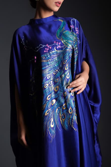 Buy_Kyra By Nina + Deepika_Blue Satin High Neck Hand Painted Peacock Motif Top And Pant Set _Online_at_Aza_Fashions