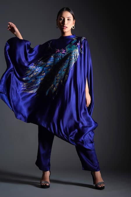 Shop_Kyra By Nina + Deepika_Blue Satin High Neck Hand Painted Peacock Motif Top And Pant Set _Online_at_Aza_Fashions