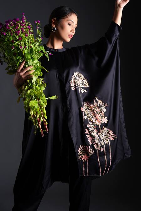 Shop_Kyra By Nina + Deepika_Black Modal, Satin Collared Seher Hand Painted Top And Pant Set _Online_at_Aza_Fashions