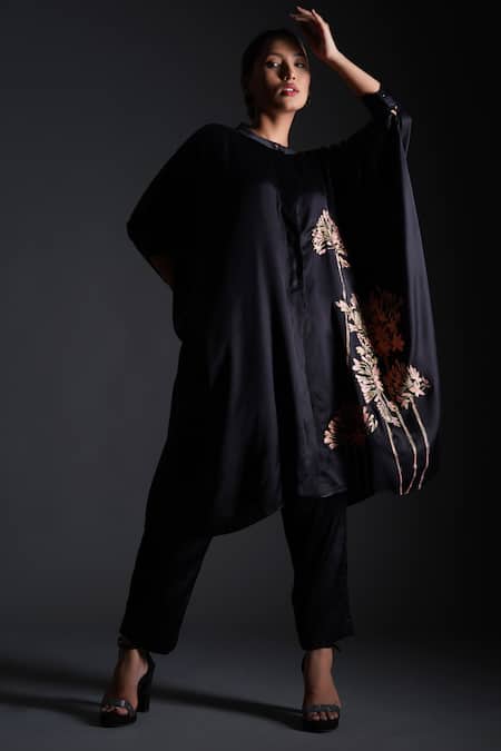 Kyra By Nina + Deepika_Black Modal, Satin Collared Seher Hand Painted Top And Pant Set _at_Aza_Fashions