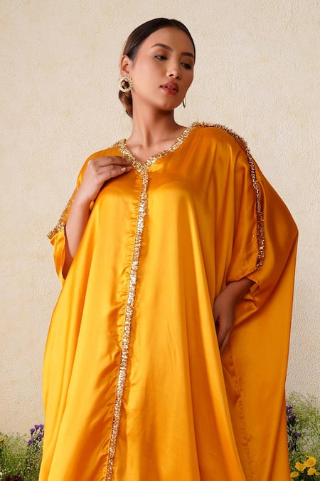 Buy_Kyra By Nina + Deepika_Yellow Modal, Satin Lace V-neck Ziba Work Tunic And Pant Set _Online_at_Aza_Fashions