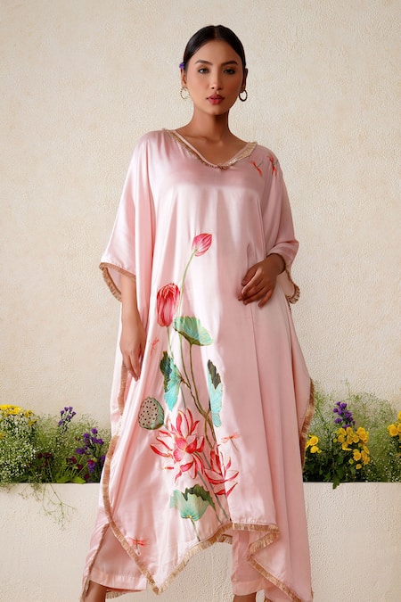 Kyra By Nina + Deepika Pink Modal, Satin Lace V-neck Zuri Hand Painted Kaftan And Pant Set Online at Aza Fashions Kyra By Nina + Deepika_Pink Modal, Satin Lace V-neck Zuri Hand Painted Kaftan And Pant Set _Online_at_Aza_Fashions