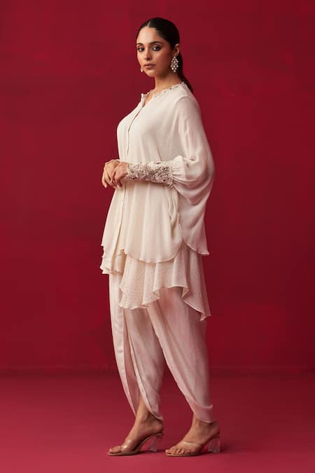 Adaara Couture Ivory Georgette Beads, Sequins Pixelated Cuff Embroidered Shirt And Dhoti Pant Set Online at Aza Fashions Adaara Couture_Ivory Georgette Beads, Sequins Pixelated Cuff Embroidered Shirt And Dhoti Pant Set _Online_at_Aza_Fashions