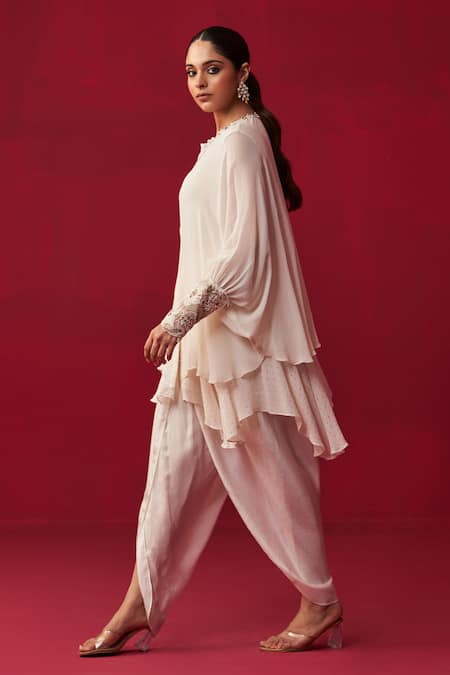 Buy Adaara Couture Ivory Georgette Beads, Sequins Pixelated Cuff Embroidered Shirt And Dhoti Pant Set Online at Aza Fashions Buy_Adaara Couture_Ivory Georgette Beads, Sequins Pixelated Cuff Embroidered Shirt And Dhoti Pant Set _Online_at_Aza_Fashions