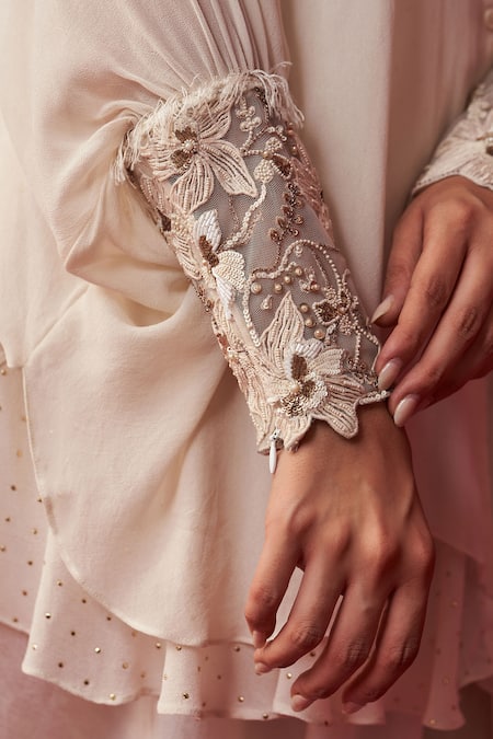 Shop Adaara Couture Ivory Georgette Beads, Sequins Pixelated Cuff Embroidered Shirt And Dhoti Pant Set Online at Aza Fashions Shop_Adaara Couture_Ivory Georgette Beads, Sequins Pixelated Cuff Embroidered Shirt And Dhoti Pant Set _Online_at_Aza_Fashions