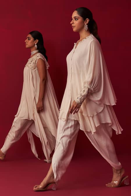 Adaara Couture Ivory Georgette Beads, Sequins Pixelated Cuff Embroidered Shirt And Dhoti Pant Set at Aza Fashions Adaara Couture_Ivory Georgette Beads, Sequins Pixelated Cuff Embroidered Shirt And Dhoti Pant Set _at_Aza_Fashions