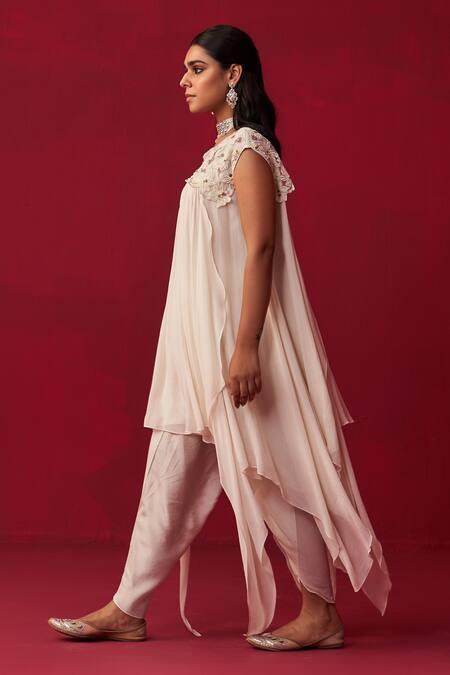 Adaara Couture Ivory Georgette Cut Work, Pixelated Floral Embroidered Top And Dhoti Pant Set Online at Aza Fashions Adaara Couture_Ivory Georgette Cut Work, Pixelated Floral Embroidered Top And Dhoti Pant Set _Online_at_Aza_Fashions