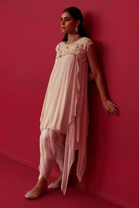 Shop Adaara Couture Ivory Georgette Cut Work, Pixelated Floral Embroidered Top And Dhoti Pant Set Online at Aza Fashions Shop_Adaara Couture_Ivory Georgette Cut Work, Pixelated Floral Embroidered Top And Dhoti Pant Set _Online_at_Aza_Fashions