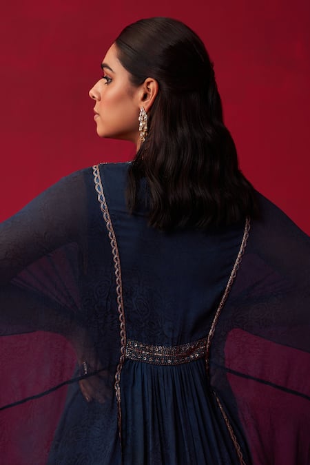 Shop Adaara Couture Blue Georgette Embroidery, Sequins Textured Yoke Kaftan at Aza Fashions Shop_Adaara Couture_Blue Georgette Embroidery, Sequins Textured Yoke Kaftan _at_Aza_Fashions