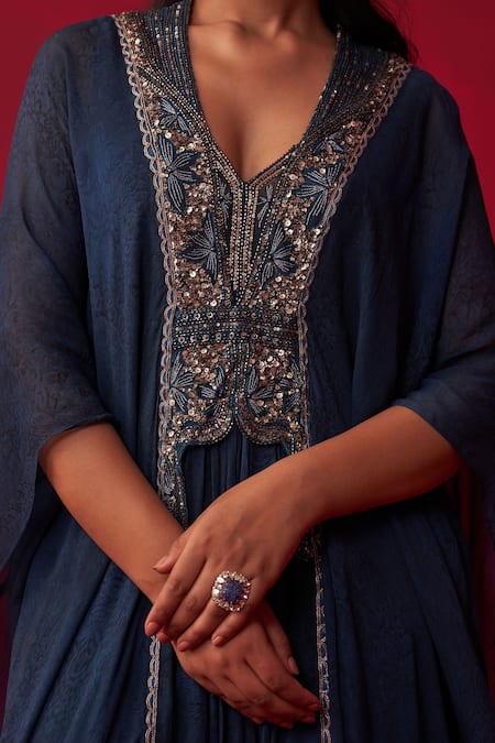 Adaara Couture Blue Georgette Embroidery, Sequins Textured Yoke Kaftan Online at Aza Fashions Adaara Couture_Blue Georgette Embroidery, Sequins Textured Yoke Kaftan _Online_at_Aza_Fashions