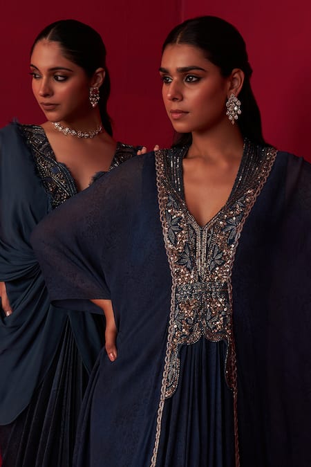 Shop Adaara Couture Blue Georgette Embroidery, Sequins Textured Yoke Kaftan Online at Aza Fashions Shop_Adaara Couture_Blue Georgette Embroidery, Sequins Textured Yoke Kaftan _Online_at_Aza_Fashions