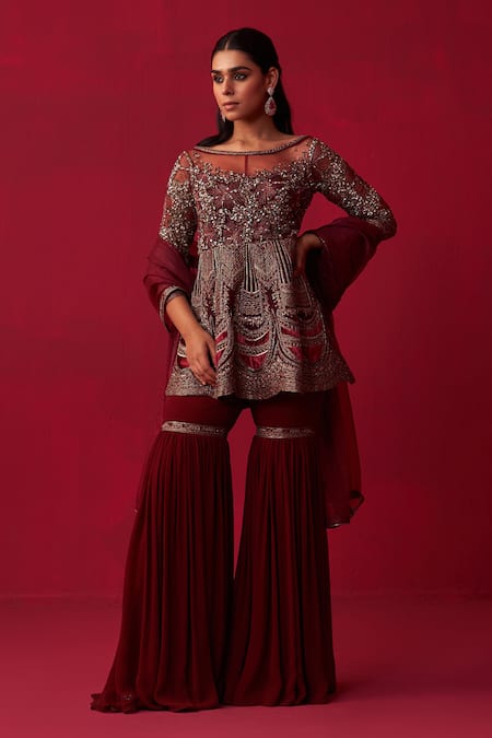 Adaara Couture Maroon Top Russian Silk Embroidery Sequin Boat Neck Glitch Peplum Sharara Set 