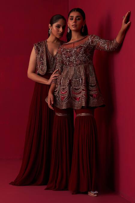 Adaara Couture Maroon Silk, Georgette, Organza Sequins, Beads, Glitch Peplum Top Sharara Set Online at Aza Fashions Adaara Couture_Maroon Silk, Georgette, Organza Sequins, Beads, Glitch Peplum Top Sharara Set _Online_at_Aza_Fashions