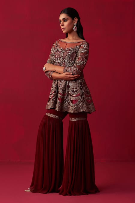 Buy Adaara Couture Maroon Silk, Georgette, Organza Sequins, Beads, Glitch Peplum Top Sharara Set Online at Aza Fashions Buy_Adaara Couture_Maroon Silk, Georgette, Organza Sequins, Beads, Glitch Peplum Top Sharara Set _Online_at_Aza_Fashions