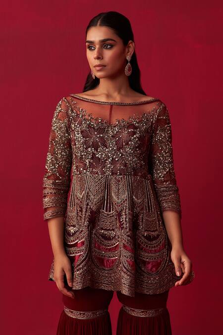 Shop Adaara Couture Maroon Silk, Georgette, Organza Sequins, Beads, Glitch Peplum Top Sharara Set Online at Aza Fashions Shop_Adaara Couture_Maroon Silk, Georgette, Organza Sequins, Beads, Glitch Peplum Top Sharara Set _Online_at_Aza_Fashions