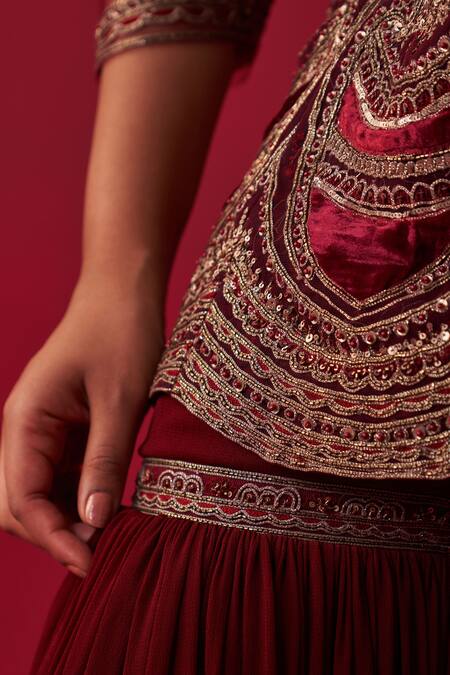 Adaara Couture Maroon Silk, Georgette, Organza Sequins, Beads, Glitch Peplum Top Sharara Set at Aza Fashions Adaara Couture_Maroon Silk, Georgette, Organza Sequins, Beads, Glitch Peplum Top Sharara Set _at_Aza_Fashions